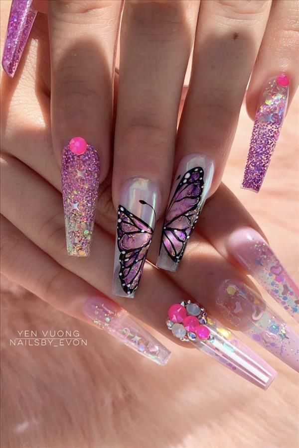 Natural butterfly nails design for long nails 2020 - Fashion Girl'S