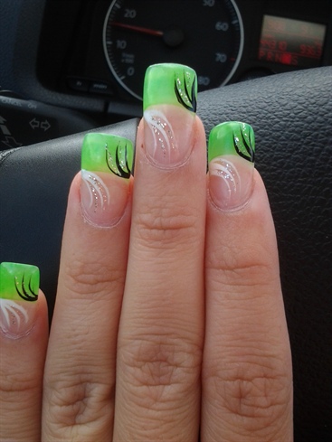 Neon Green French Tip W/ Design - Nail Art Gallery